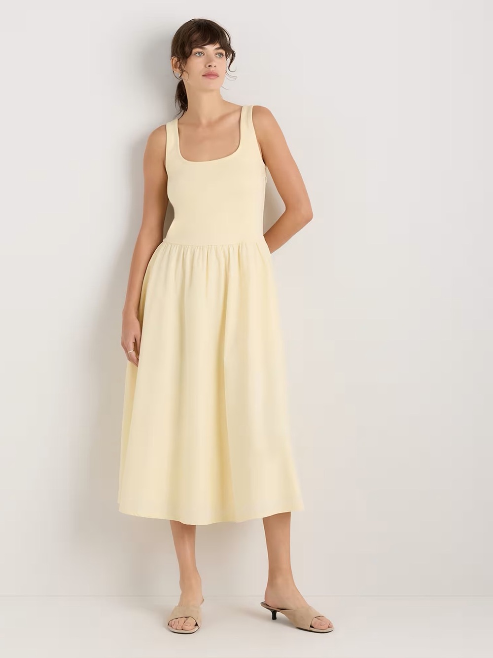 Quince Pale Custard Yellow Cotton Mixed Media Tank Dress